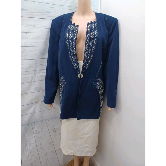 St Anthony / R#87388 Skirt Suit Set Jacket Navyblue Ivory Embellished Sz 18 - Picture 1 of 6